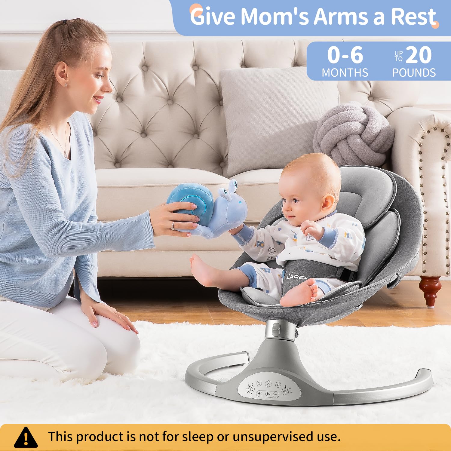 LAREX Baby Swing Infant Swing Electric Toddler Baby Rocker Portable for Newborn Boy Girl, 5 Sway Speeds with Remote Control, 10 Preset Melodies and Bluetooth, 0-6 Months Max 20 Lbs (Gray)