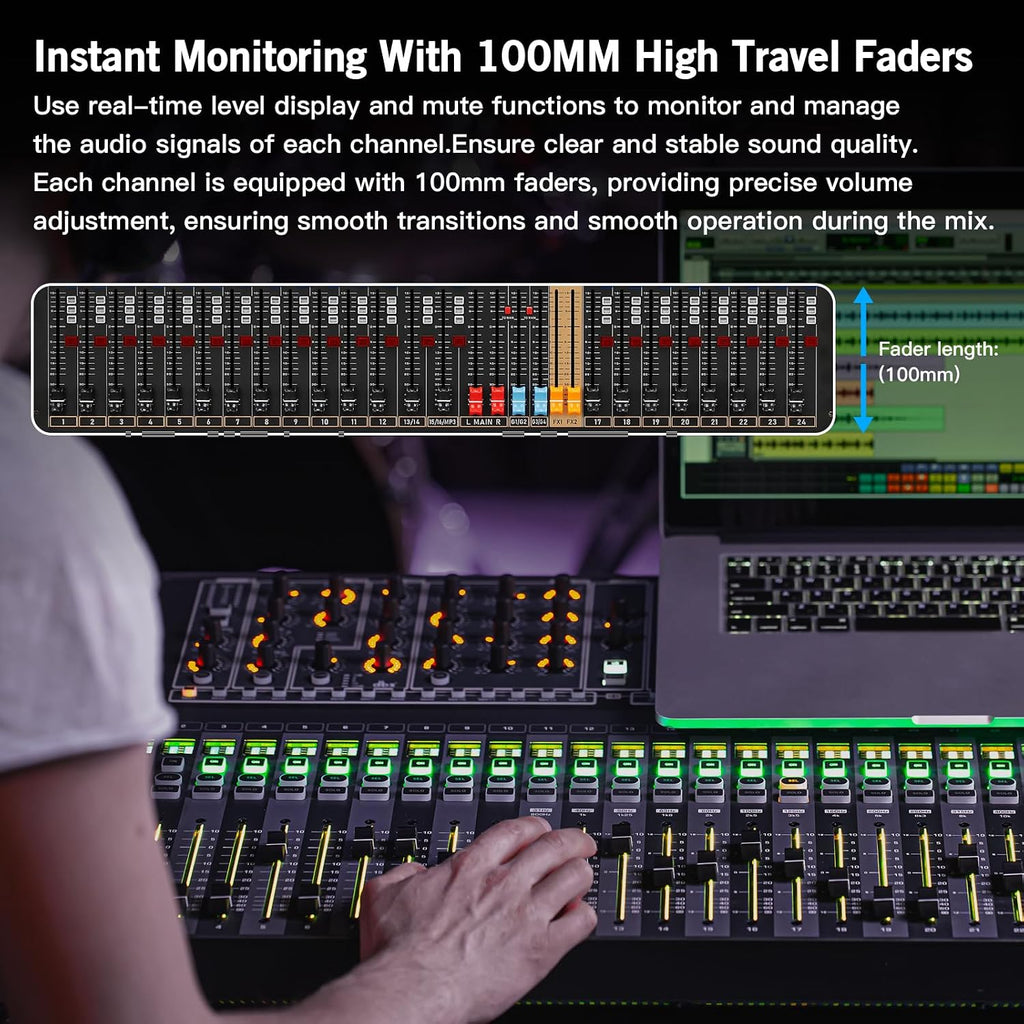 24 Channel Multi-Input Audio Mixer, High Capacity Mixing Console with USB Interface, 99 DSP Effects, 48V Phantom Power, XLR Inputs for Complex Audio Setup