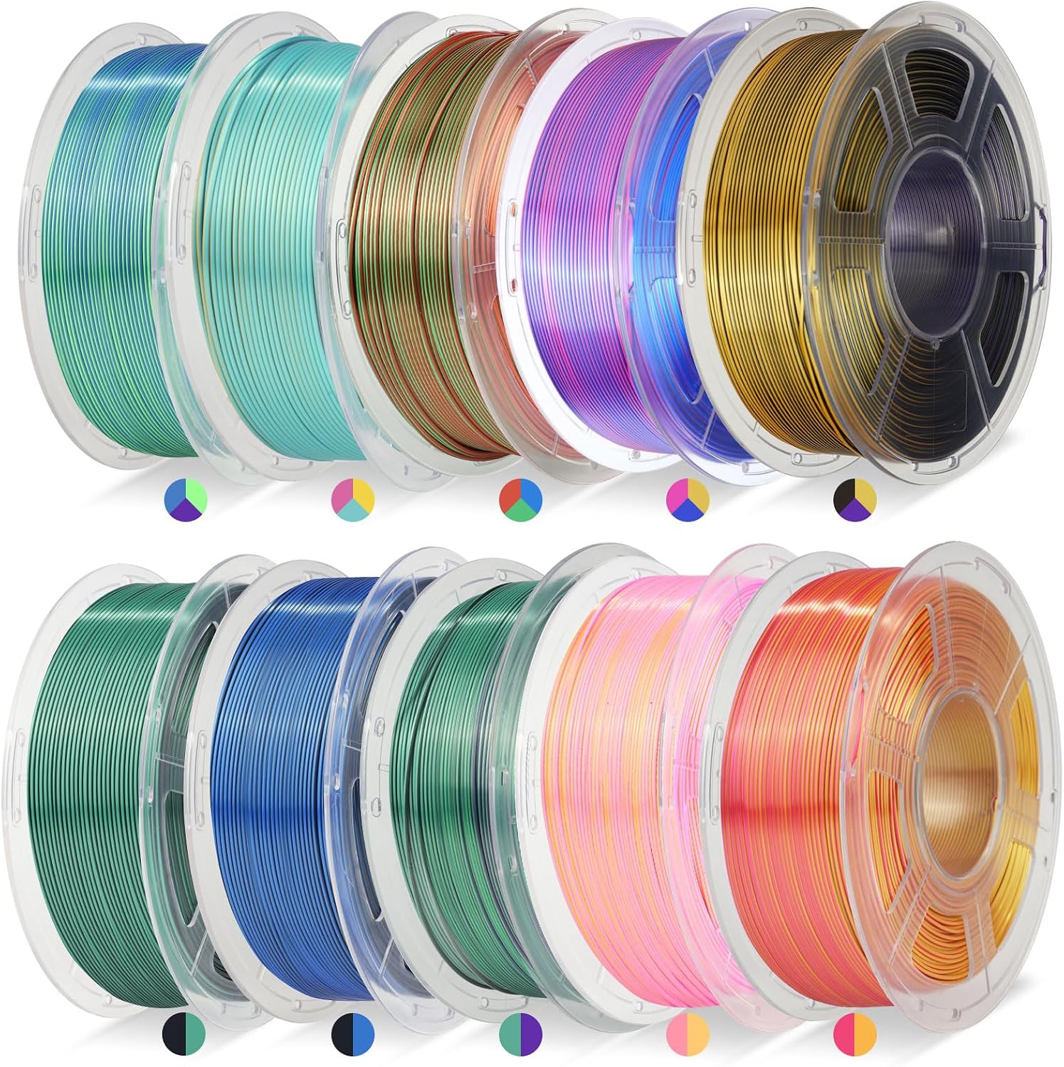 JAYO Silk Dual & Tri Color PLA Filament 1.75mm 10 Pack, Shiny Multicolor 3D Printer Filament Bundle, Blue-Green-Purple, Red-Yellow-Green & More, 1.1kg Spool Each, Compatible with Most FDM Printers