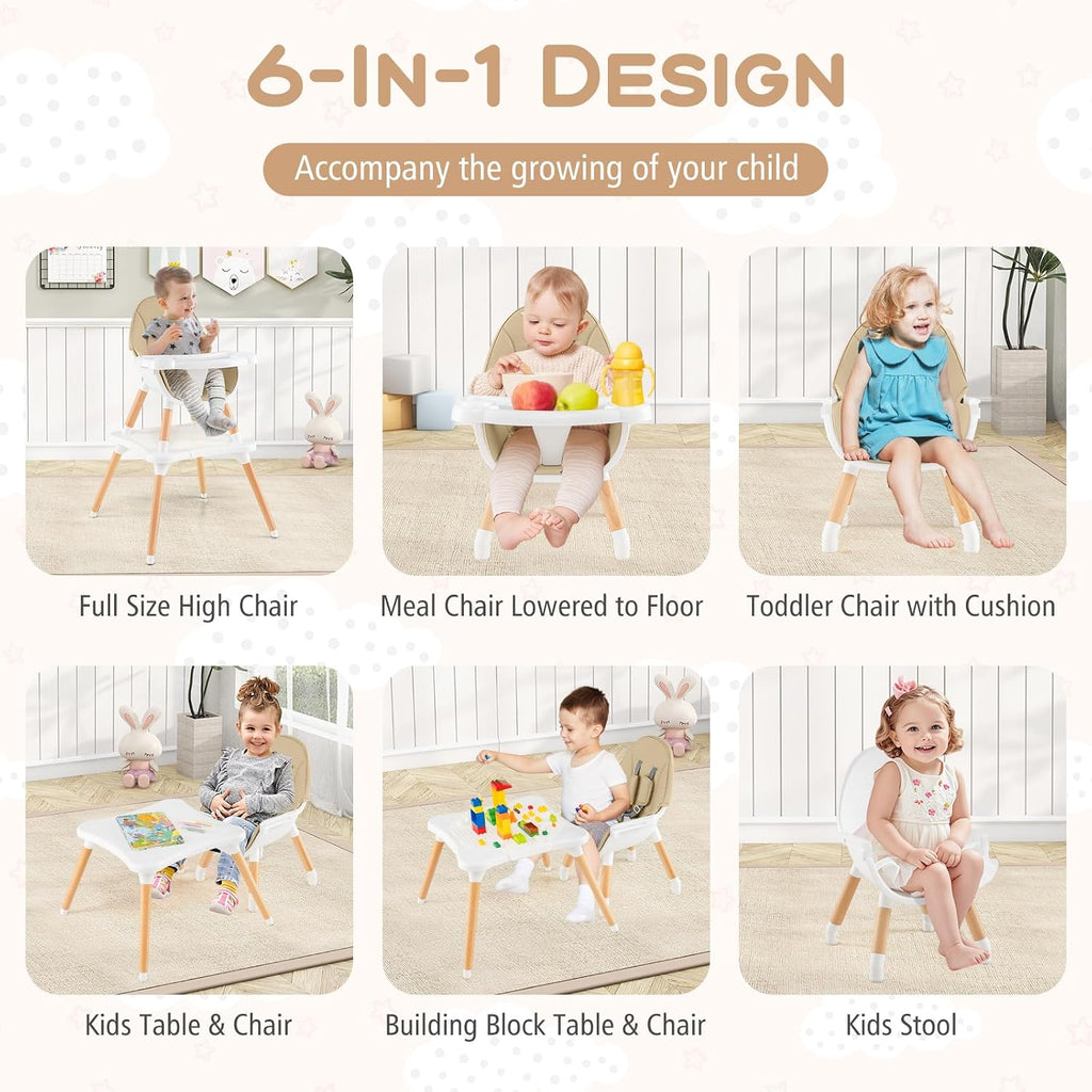 HONEY JOY Baby High Chair, 6-in-1 Convertible Wooden Highchair for Babies and Toddlers/Table Set/Toddler Chair with Safety Harness, 4-Position Removable Feeding Tray (Khaki)