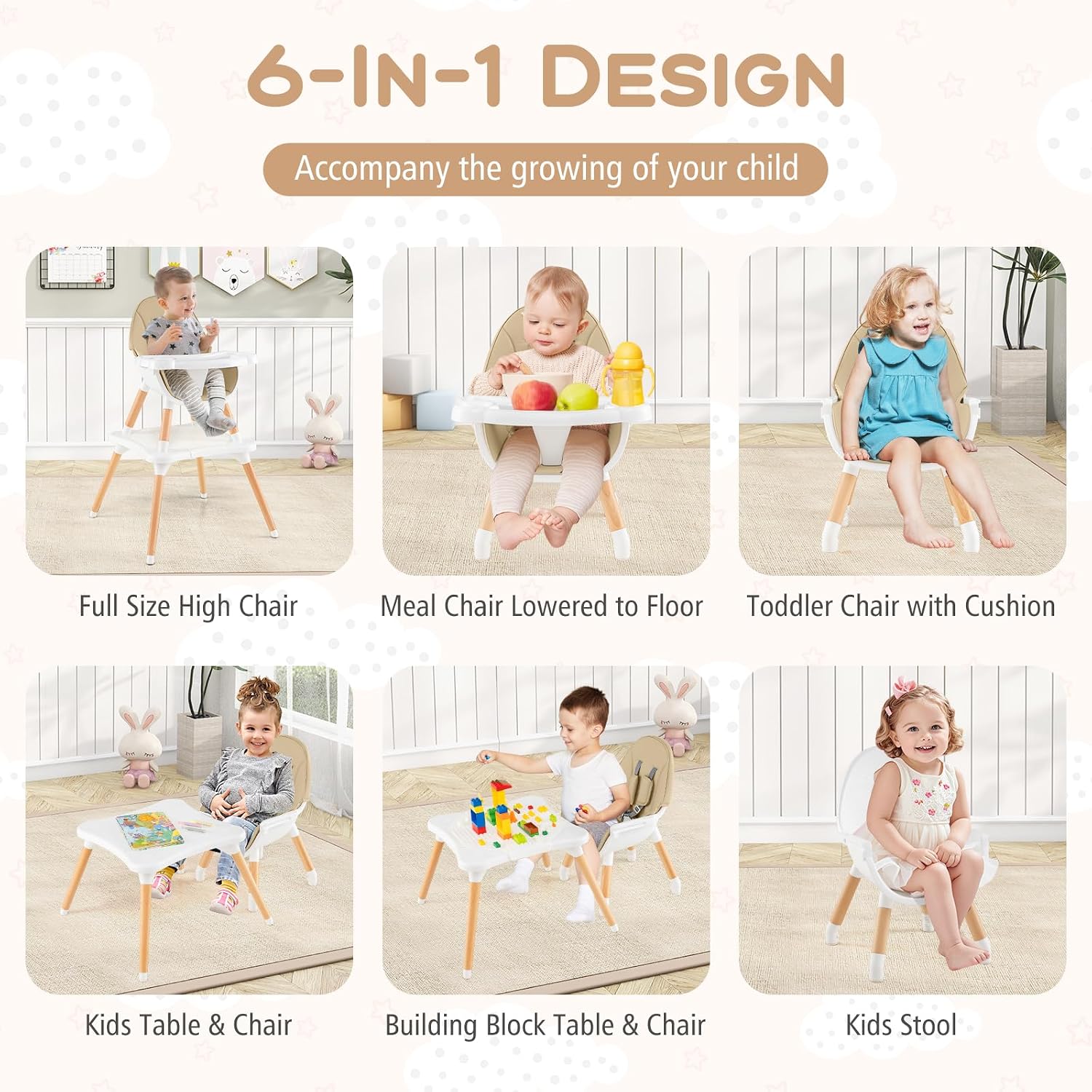 HONEY JOY Baby High Chair, 6-in-1 Convertible Wooden Highchair for Babies and Toddlers/Table Set/Toddler Chair with Safety Harness, 4-Position Removable Feeding Tray (Khaki)
