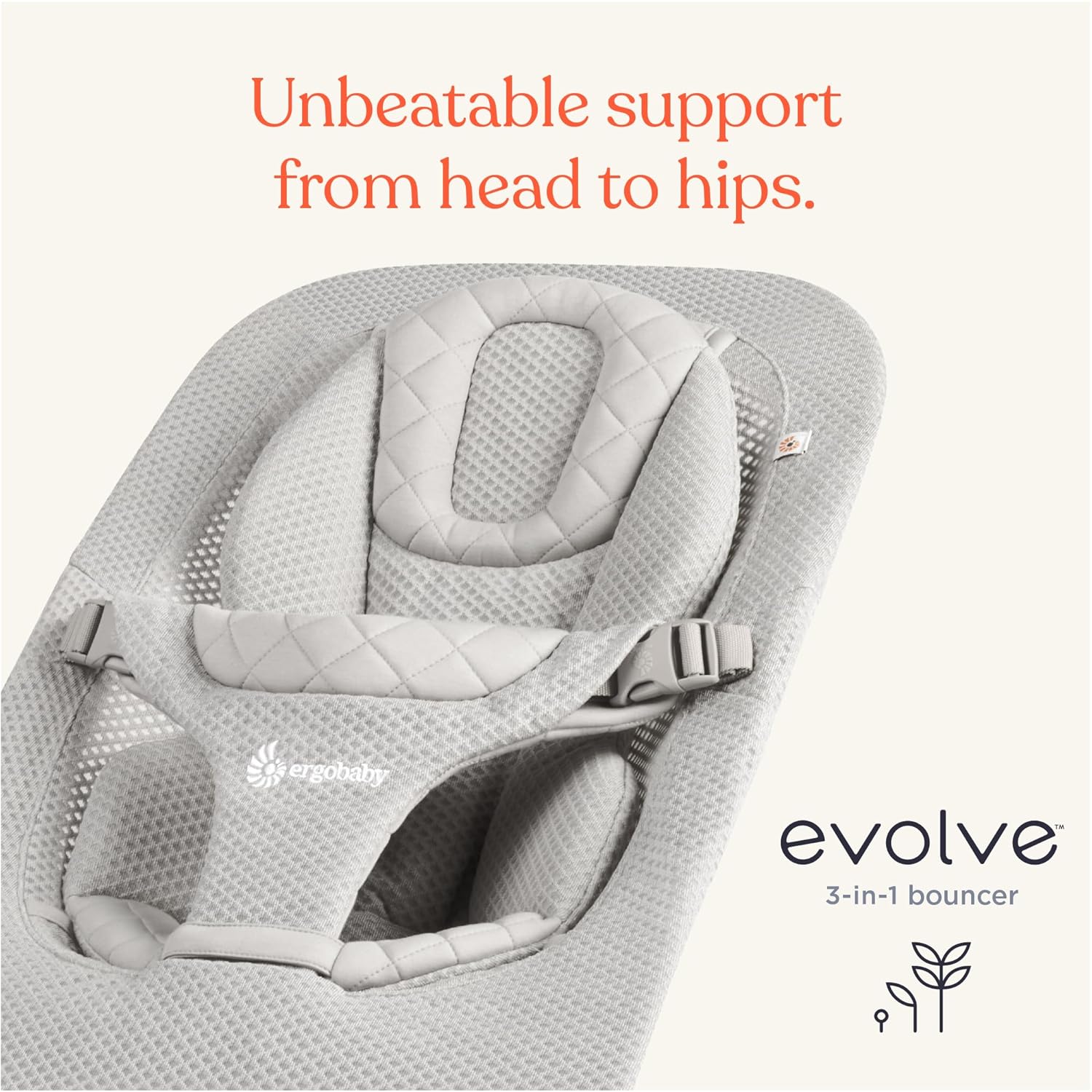 Ergobaby Evolve 3-in-1 Bouncer Seat for Babies and Toddlers 5.5-25lbs - Multi Position Baby Rocker Seat with Adjustable Heights, Secure Harness, Newborn Insert - Grey