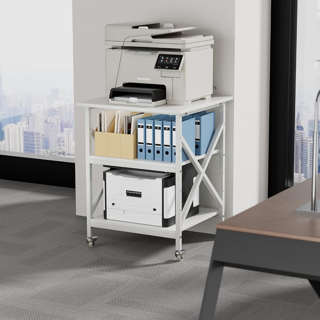 3 Tier Printer Stand, Large Table with Wheels, Rolling Cart with Height Adjustable Middle Storage Shelf, 23.6 x 23.6 x 30.3 Inches Shelf for Home Office, White