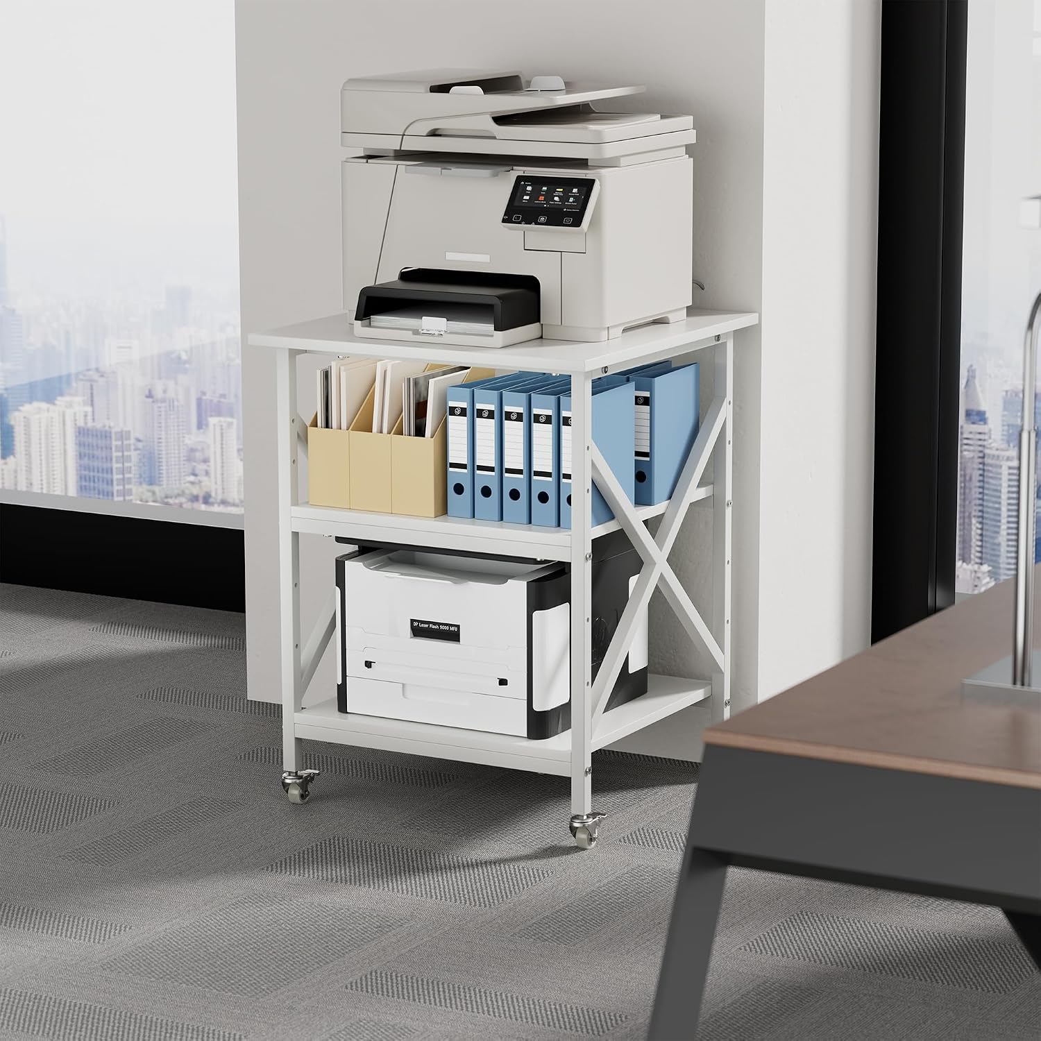 3 Tier Printer Stand, Large Table with Wheels, Rolling Cart with Height Adjustable Middle Storage Shelf, 23.6 x 23.6 x 30.3 Inches Shelf for Home Office, White