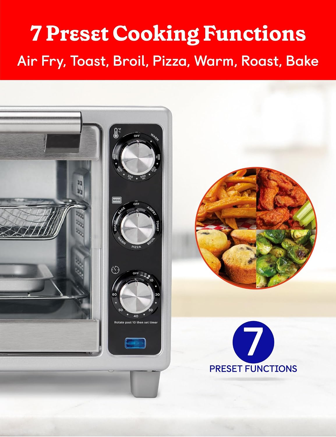 Betty Crocker Air Fryer Convection Toaster Oven, Multifunction 6-Slice Toaster and Air Fryer Oven, 0.8 Cu. Ft. 6 Slice Capacity AirFryer Toaster Oven Combo, 7 Function Convection Oven,Silver
