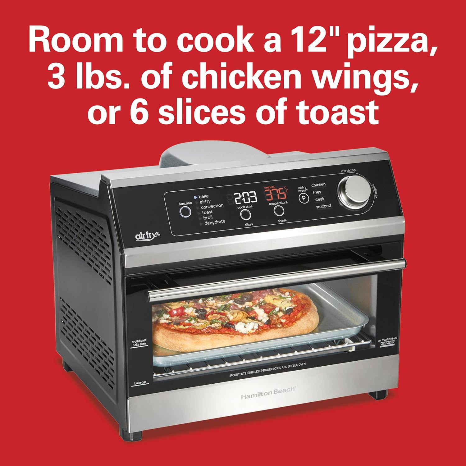 Hamilton Beach Digital Air Fryer Toaster Oven Combo, 10 Ways to Cook, 4 Preset Functions, Stay On & 1800 Watts, LED Capacitive-Touch Controls, 2 Rack Positions, Fits 12' Pizza, Black & Stainless Steel