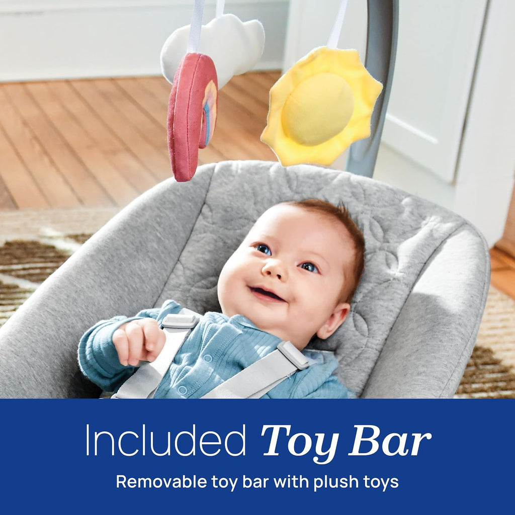 Chicco Float Baby Bouncer Seat, Quilted Organic Cotton Seat Pad, Included Toy bar with Plush Toys, Cloud/Grey