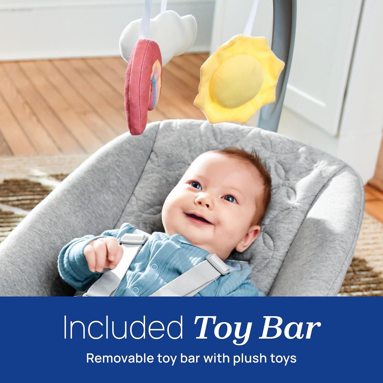 Chicco Float Baby Bouncer Seat, Quilted Organic Cotton Seat Pad, Included Toy bar with Plush Toys, Cloud/Grey