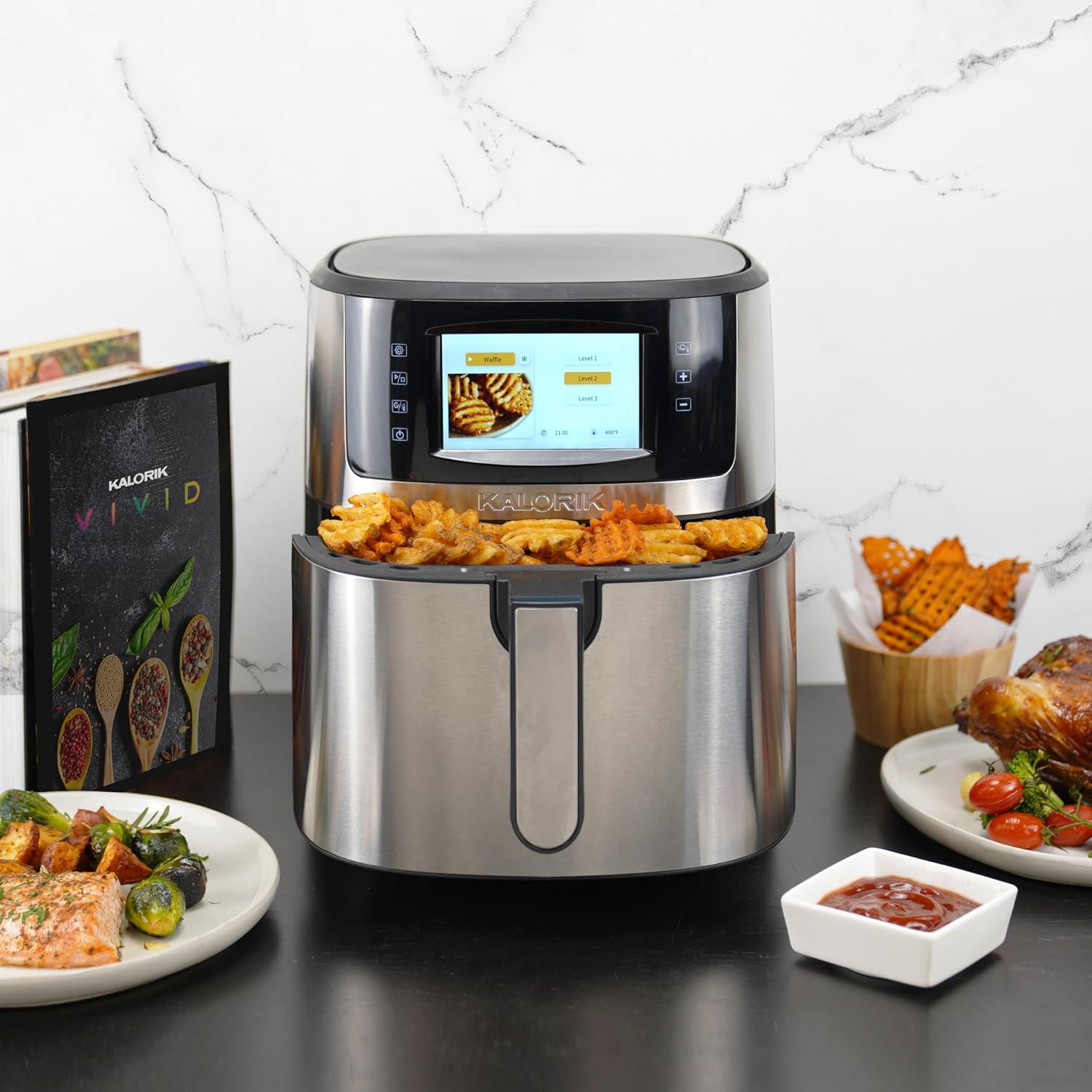 Kalorik Air Fryer VIVID Select Series, 7 Quart Capcity with Full Color Display and Touch Controls, 202 Presets in 12 Food Categories Includes Nonstick Basket & Trivet, 1500-Watts, Stainless Steel