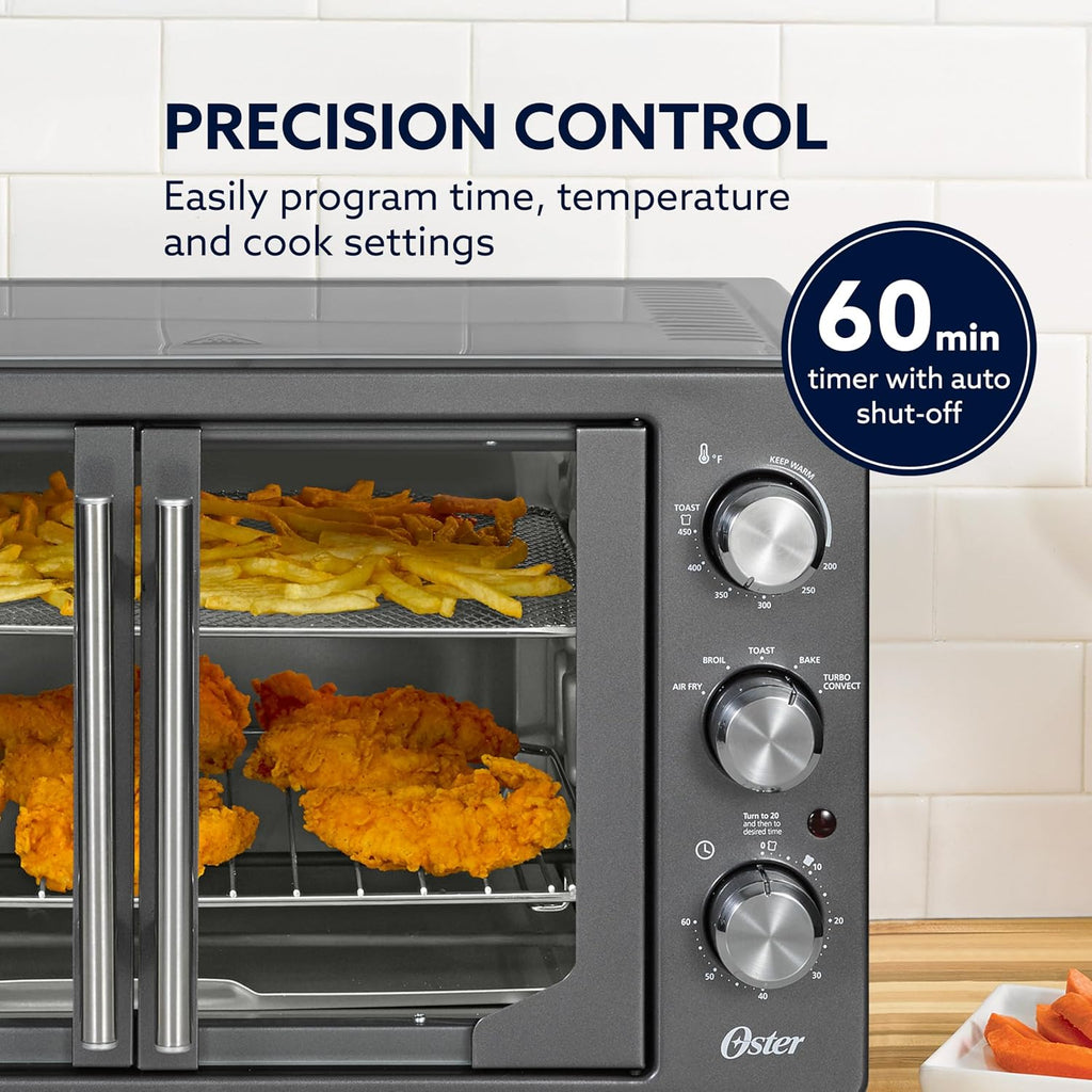 Oster Extra-Large 42L French Door Countertop Toaster Oven, 6-in-1 Air Fryer Oven with Air Fry Rack, Wire Rack, Baking Pan and Crumb Tray, Stainless Steel