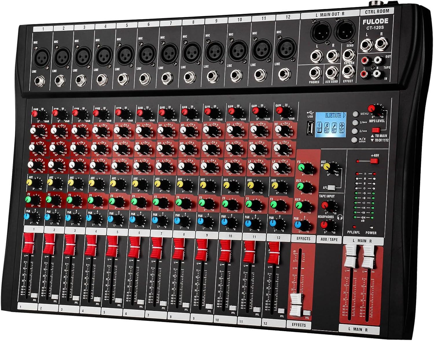 FULUODE 12 Channel Mixer Audio Console, CT-120S Professional Music Mixer DJ Mixing Board with Reverb Bluetooth MP3 Player 48V Phantom Power Supply USB Recording for Studio Karaoke Live Performance