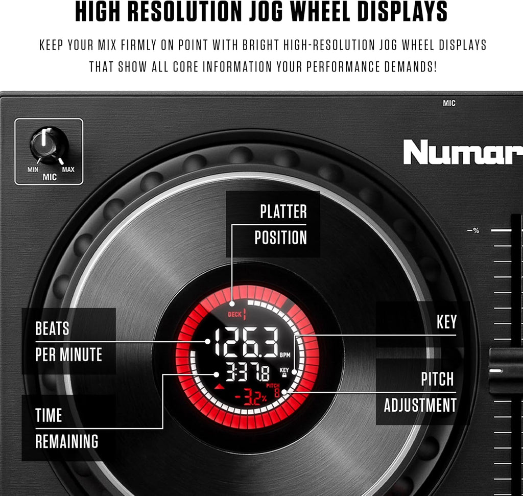 Numark Mixtrack Platinum FX Serato DJ Controller with Jog Wheel Displays, 4 Decks, Mixer, Effects Paddles and Audio Interface