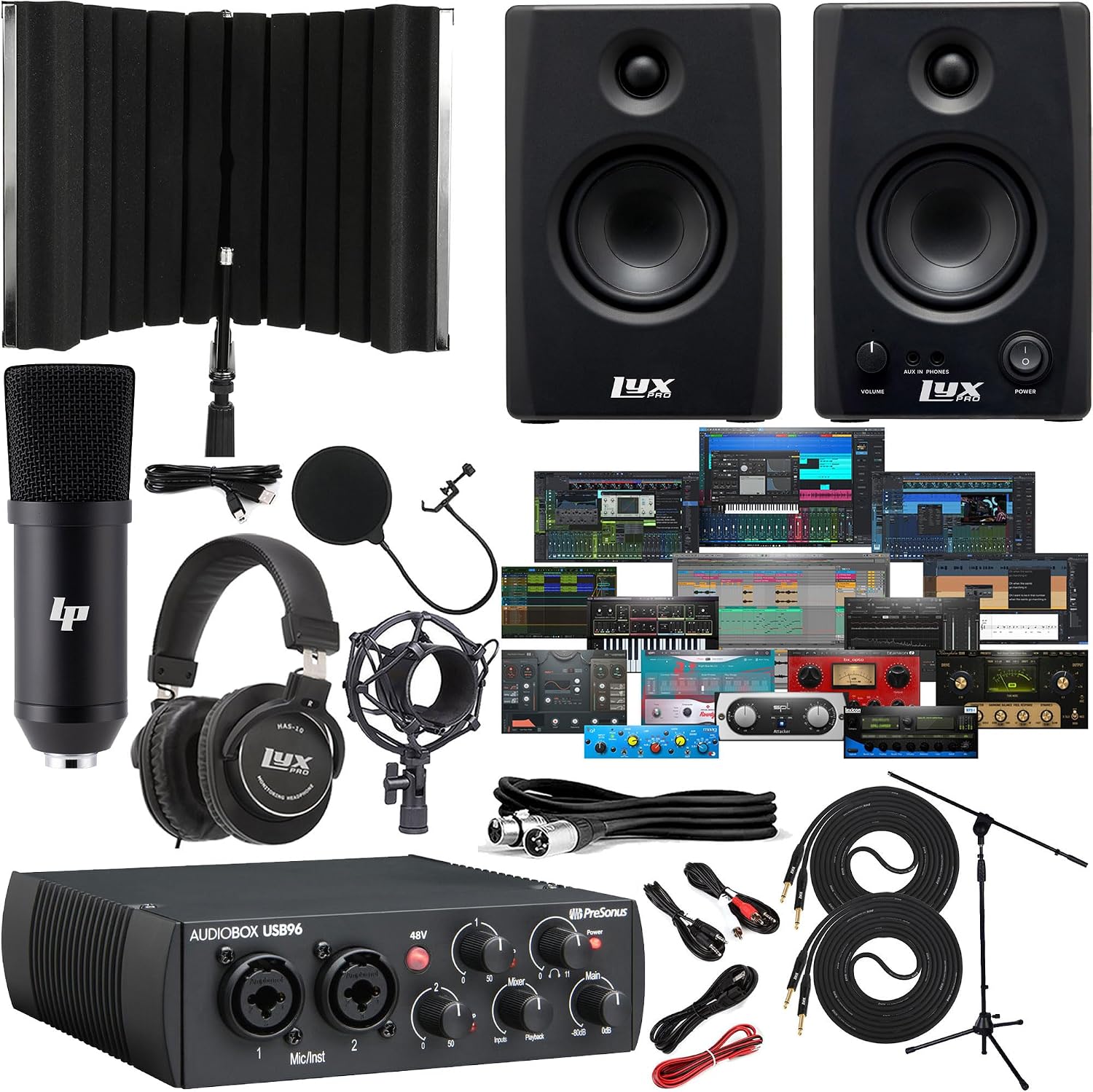 AudioBox 96 Audio/MIDI Interface with Studio One Artist Software Pack with Eris LyxPro 3.5BT 50W Bluetooth Studio Monitors & Isolation Recording Shield