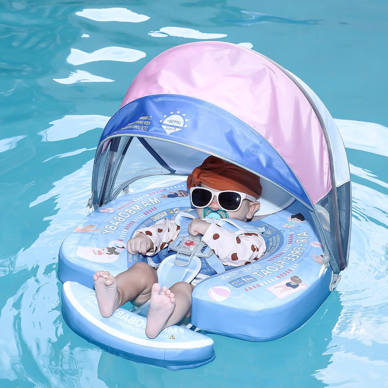 Mambobaby Baby Float with Canopy & Tail Non-Inflatable Baby Swim Float Upgrade Soft Infant Pool Float Sun Protection Newborn Pool Float 3-24 Months Skin-Friendly Material for Toddler Boys Girls