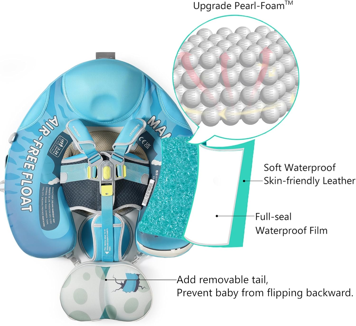 Mambobaby Float Add Tail Baby Swim Float with Canopy Solid Pool Infant Swim Trainer Swimming Training Lying Air Free Water Floats Non-Inflatable Waist Swim Ring for Toddlers (Dinosaur)