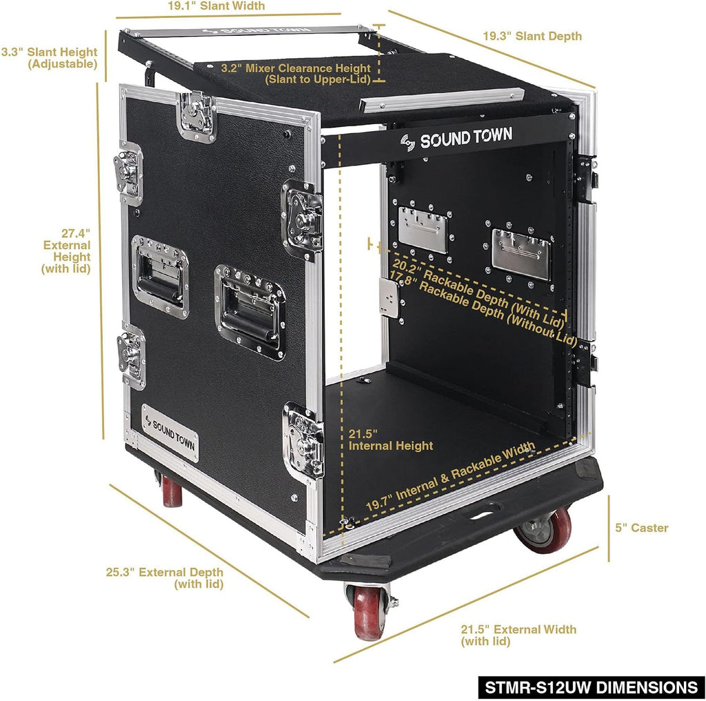 Sound Town Enhanced 1/2' (12mm) Plywood 12U PA DJ Rack/Road ATA Case with 11U Slant Mixer Top, 20'' Rackable Depth and Casters, 12 Space Size, Pro Tour Grade (STMR-S12UW)