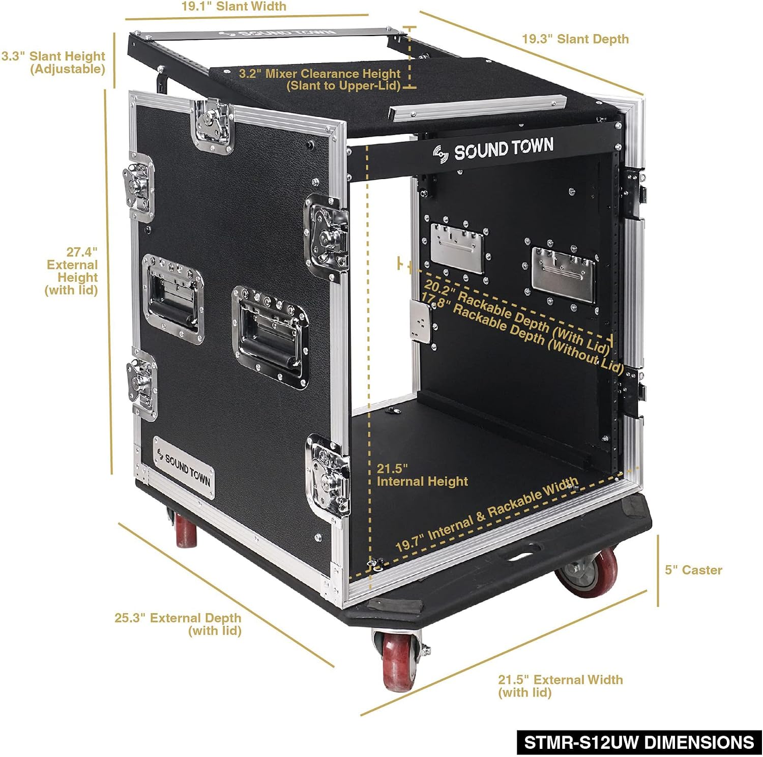 Sound Town High-Quality 1/2' (12mm) Plywood 12U PA DJ Pro Audio Rack/Road ATA Case with 12U Slant Mixer Top, Locking Drawer, 20.2'' Rackable Depth and Casters (STMR-12D2)