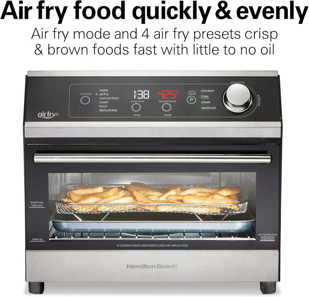 Hamilton Beach Digital Air Fryer Toaster Oven Combo, 10 Ways to Cook, 4 Preset Functions, Stay On & 1800 Watts, LED Capacitive-Touch Controls, 2 Rack Positions, Fits 12' Pizza, Black & Stainless Steel