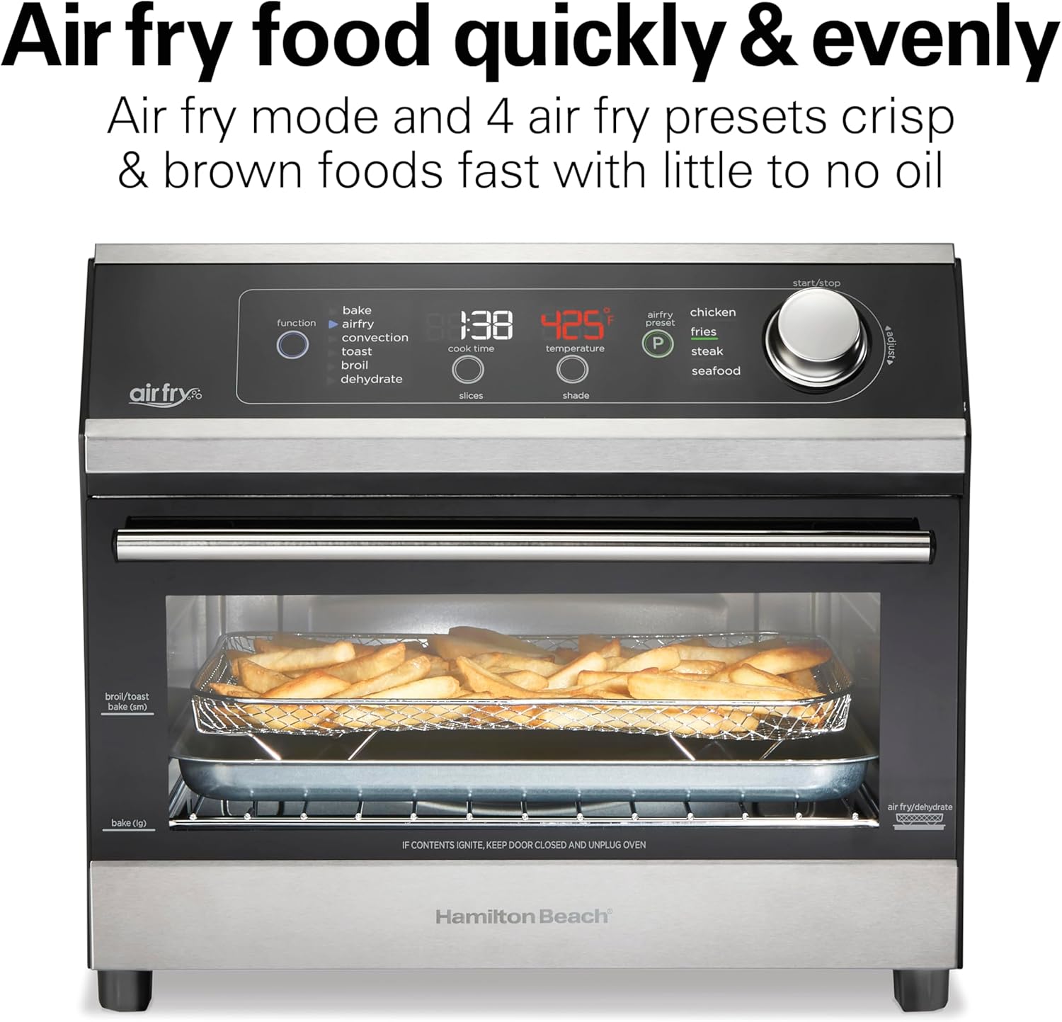 Hamilton Beach Digital Air Fryer Toaster Oven Combo, 10 Ways to Cook, 4 Preset Functions, Stay On & 1800 Watts, LED Capacitive-Touch Controls, 2 Rack Positions, Fits 12' Pizza, Black & Stainless Steel