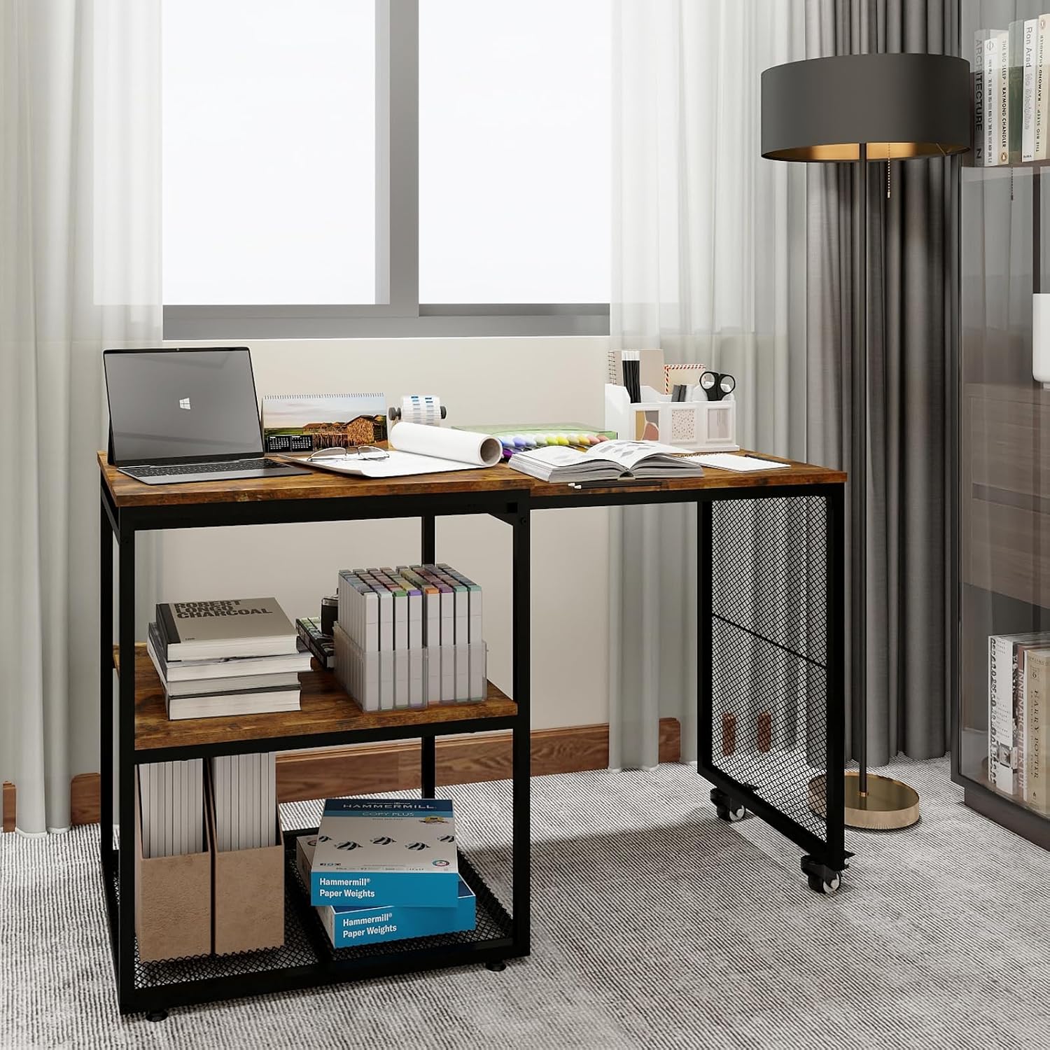 Natwind 24''x20''x29'' Large Printer Stand with Storage Shelves,Extendable Home Craft Table,Home Office Organization Desk, Versatile Table for Home Office, Kitchen, Study Room, Living Room (Retro)