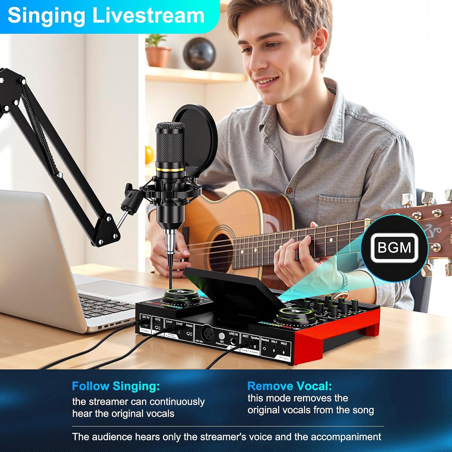 Podcast Microphone Bundle with Live Sound Card Audio Mixer, Podcast Equipment Bundle with 3.5mm Boom Mic for Pc/Phone Live Streaming Singing Gaming, Sound Board with Voice Changer, Denoise