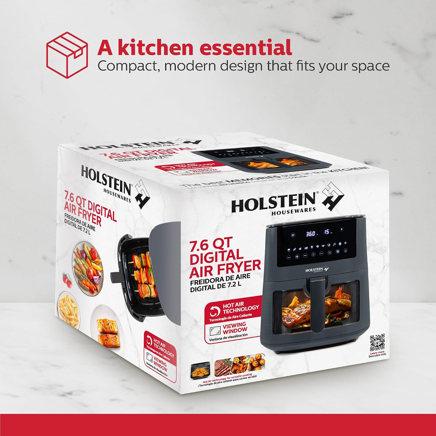 Holstein Housewares 7.6QT Digital Air Fryer with viewing window and led display with 7 preset options. Fry, bake, grill, dehydrate, and roast healthier recipes. Dishwasher Safe