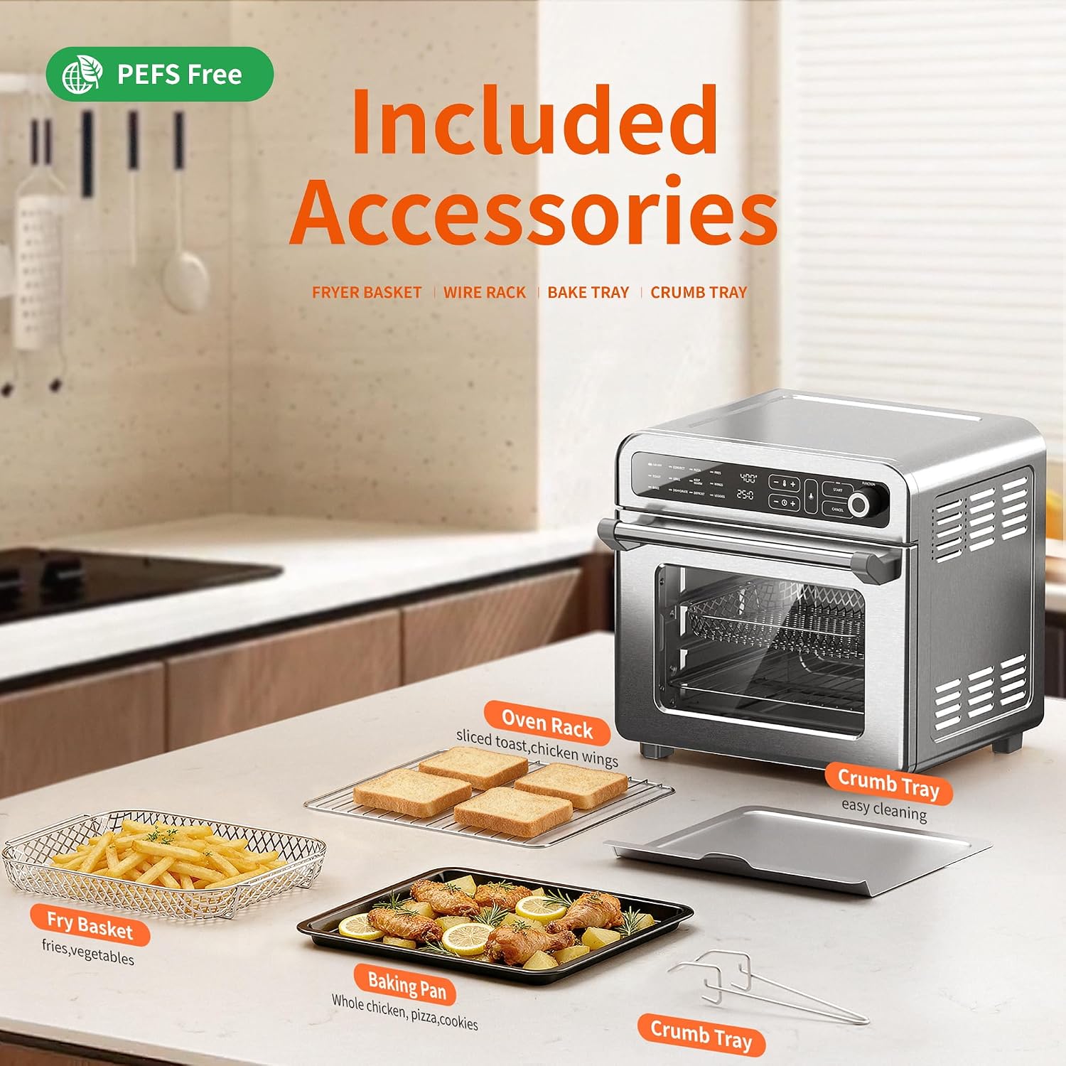 Electactic 18QT Air Fryer Toaster Oven Combo, 12-in-1 Large Convection Airfryer Oven with 70–450℉ Temperature Control & 60-Minute Timer, Bake, Roast & Broil, Fits 8-10″ Pizza, Stainless Steel (Silver)