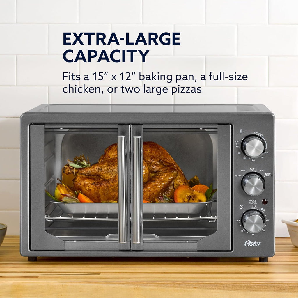 Oster Extra-Large 42L French Door Countertop Toaster Oven, 6-in-1 Air Fryer Oven with Air Fry Rack, Wire Rack, Baking Pan and Crumb Tray, Stainless Steel