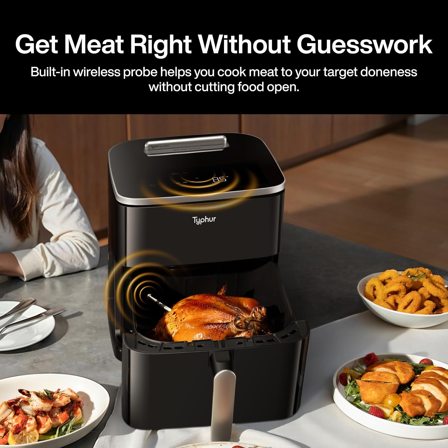 Typhur Sync 8QT AI Smart Air Fryer with Built-in Wireless Meat Thermometer, 9-in-1 XL Non Toxic Ceramic Airfryer, 450°F Max, Cooks 6lb Whole Chicken, Quiet & Dishwasher Safe, 120V