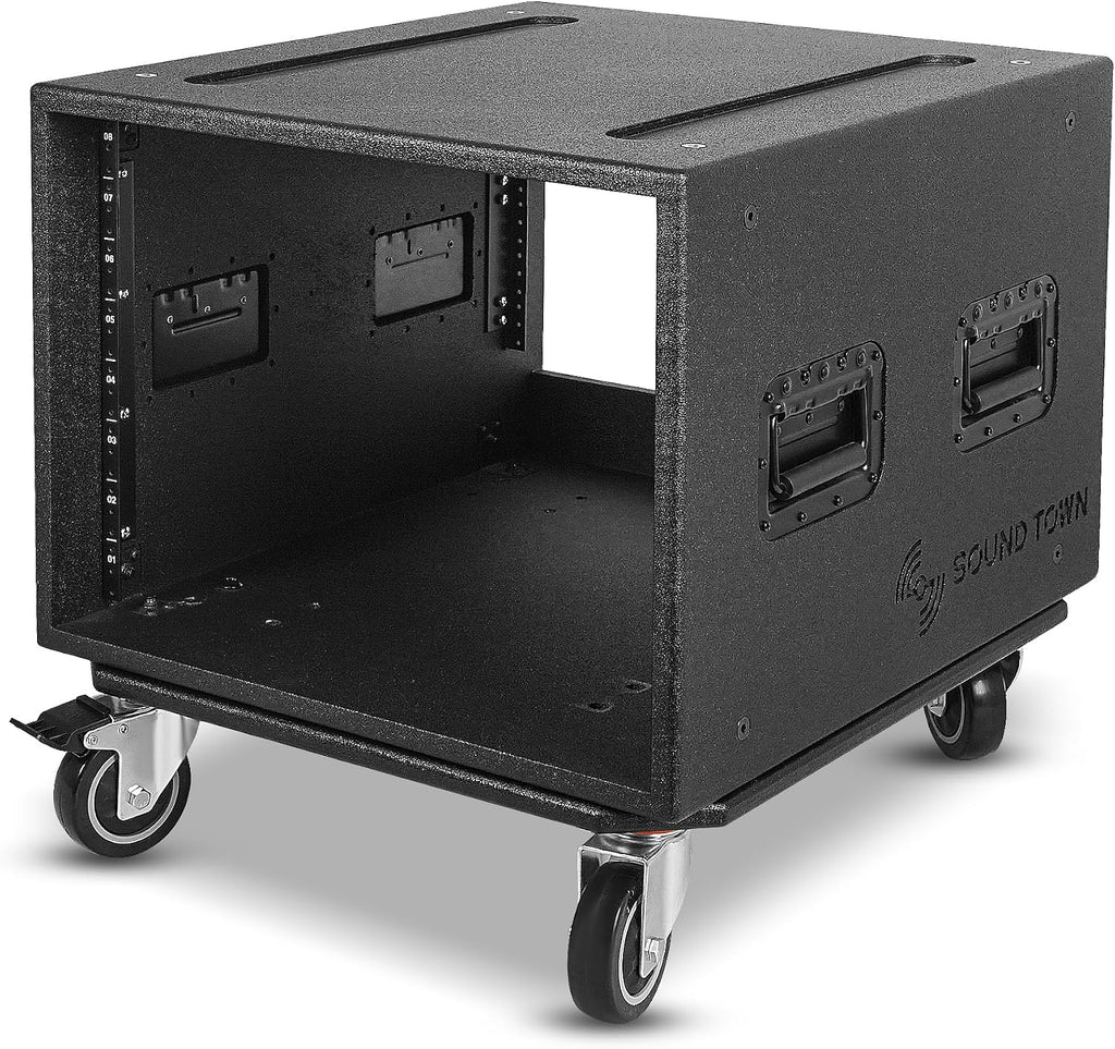 Sound Town 8U PA/DJ Rack/Road Case with 8-Space, Industry-Grade 0.7' (18mm) Plywood with Polyurea Coating, Rain Cover, Casters, 21.7' Rackable Depth - Pro Tour Grade (STRCP-8UW)