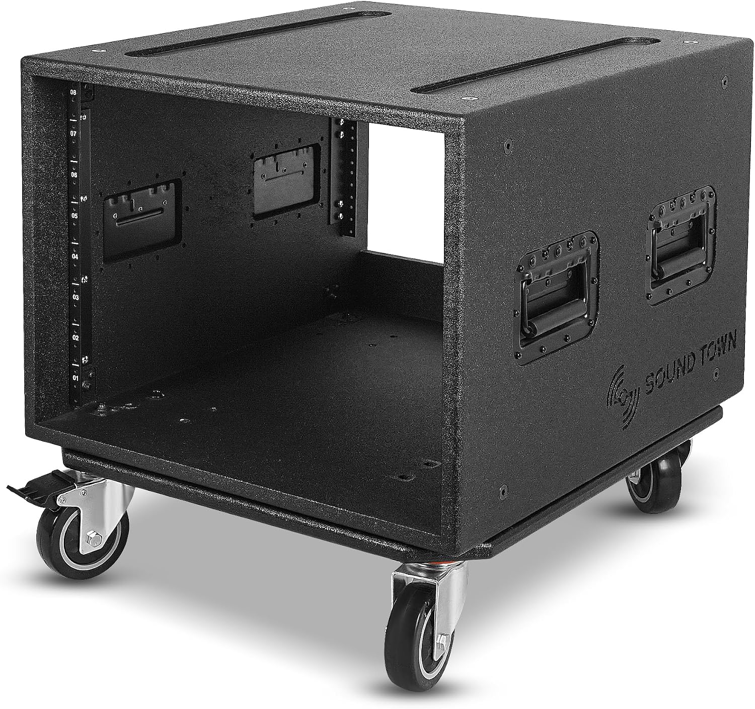 Sound Town 8U PA/DJ Rack/Road Case with 8-Space, Industry-Grade 0.7' (18mm) Plywood with Polyurea Coating, Rain Cover, Casters, 21.7' Rackable Depth - Pro Tour Grade (STRCP-8UW)