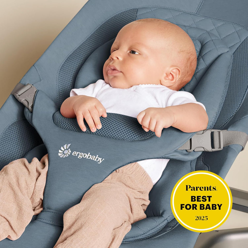 Ergobaby Evolve 3-in-1 Bouncer Seat for Babies and Toddlers 5.5-25lbs - Multi Position Baby Rocker Seat with Adjustable Heights, Secure Harness, Newborn Insert - Oxford Blue