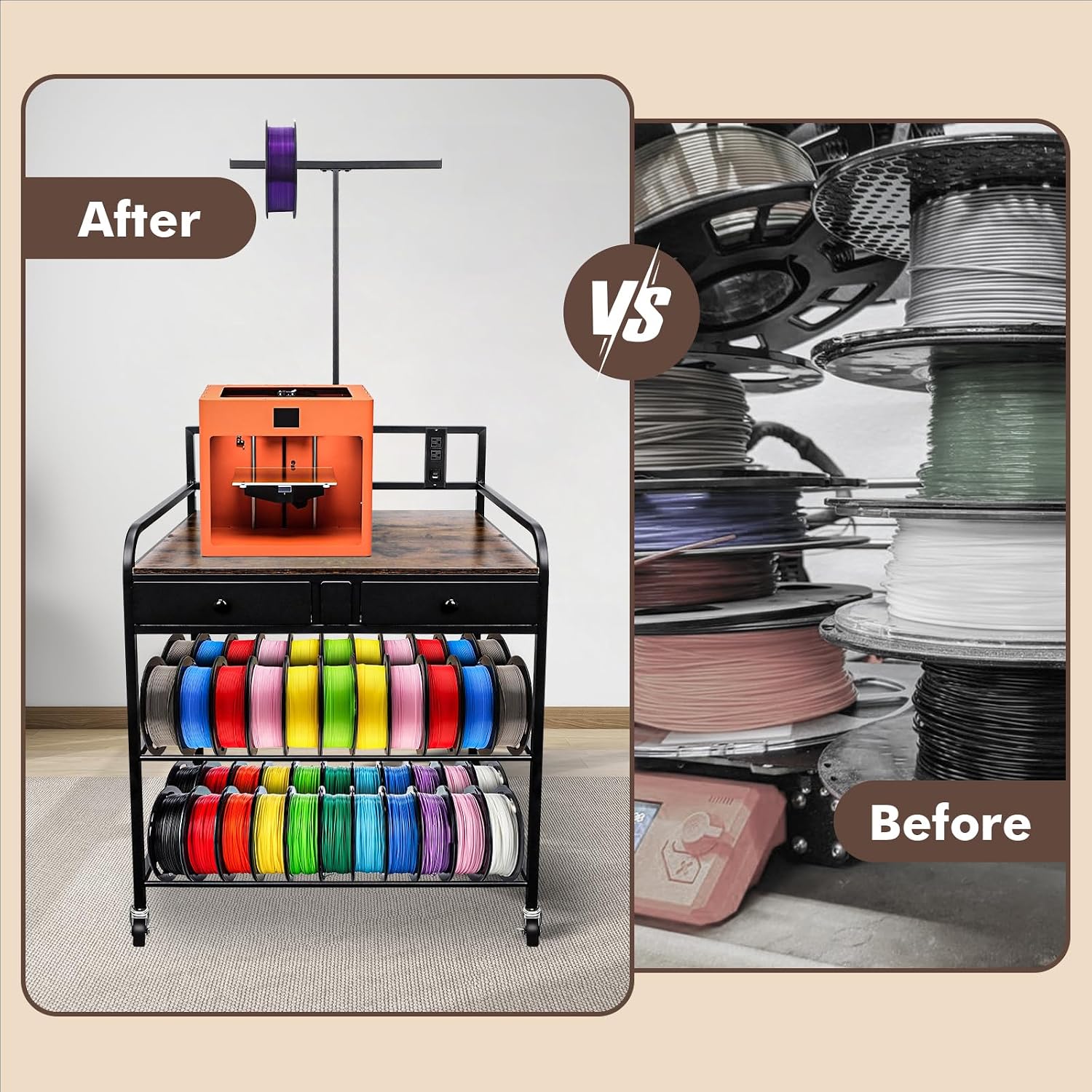 Heavy Duty 3D Printer Stand Filaments Storage Rack with Power Outlet,3D Printer Cart Desk,Rolling Filament Spool Holder,Multipose Storage Stand for Printing Studio,Home&Office Workshop