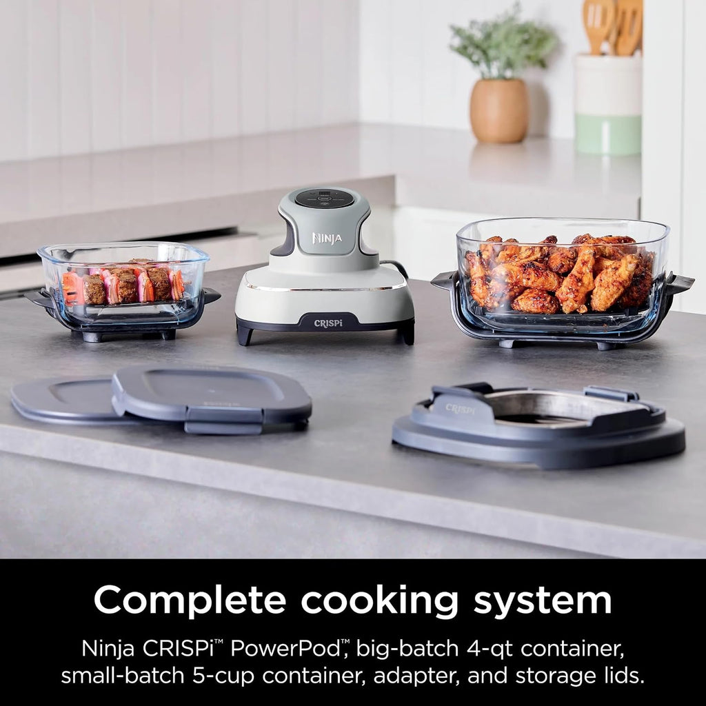 Ninja FN100WH Crispi Air Fryer, Microwave, Freezer & Dishwasher Safe, Non Toxic Glass Portable Cooking System, 4 QT & 5 Cup Glass Containers with Storage Lids, Easy Meals, White (Renewed)