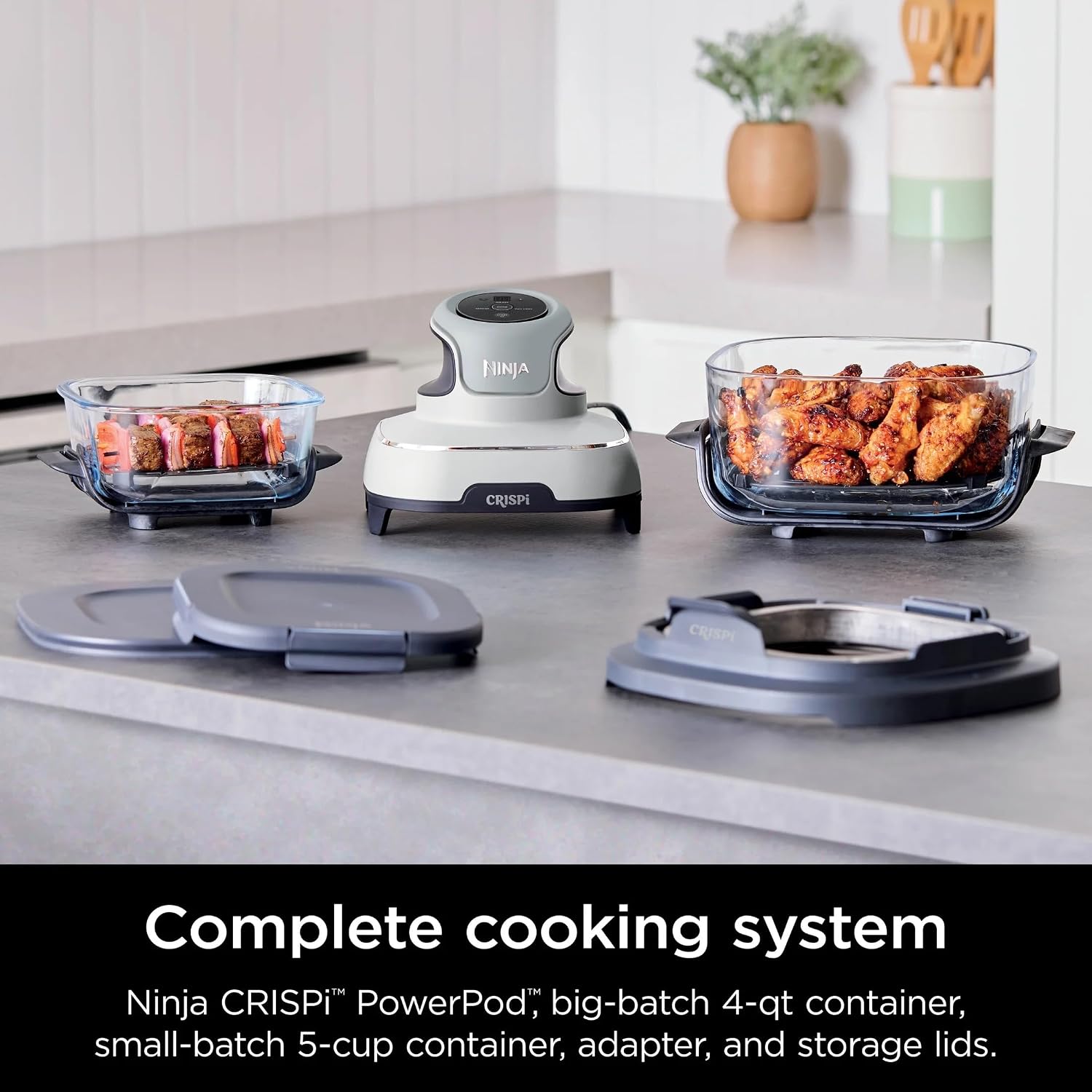 Ninja FN100WH Crispi Air Fryer, Microwave, Freezer & Dishwasher Safe, Non Toxic Glass Portable Cooking System, 4 QT & 5 Cup Glass Containers with Storage Lids, Easy Meals, White (Renewed)