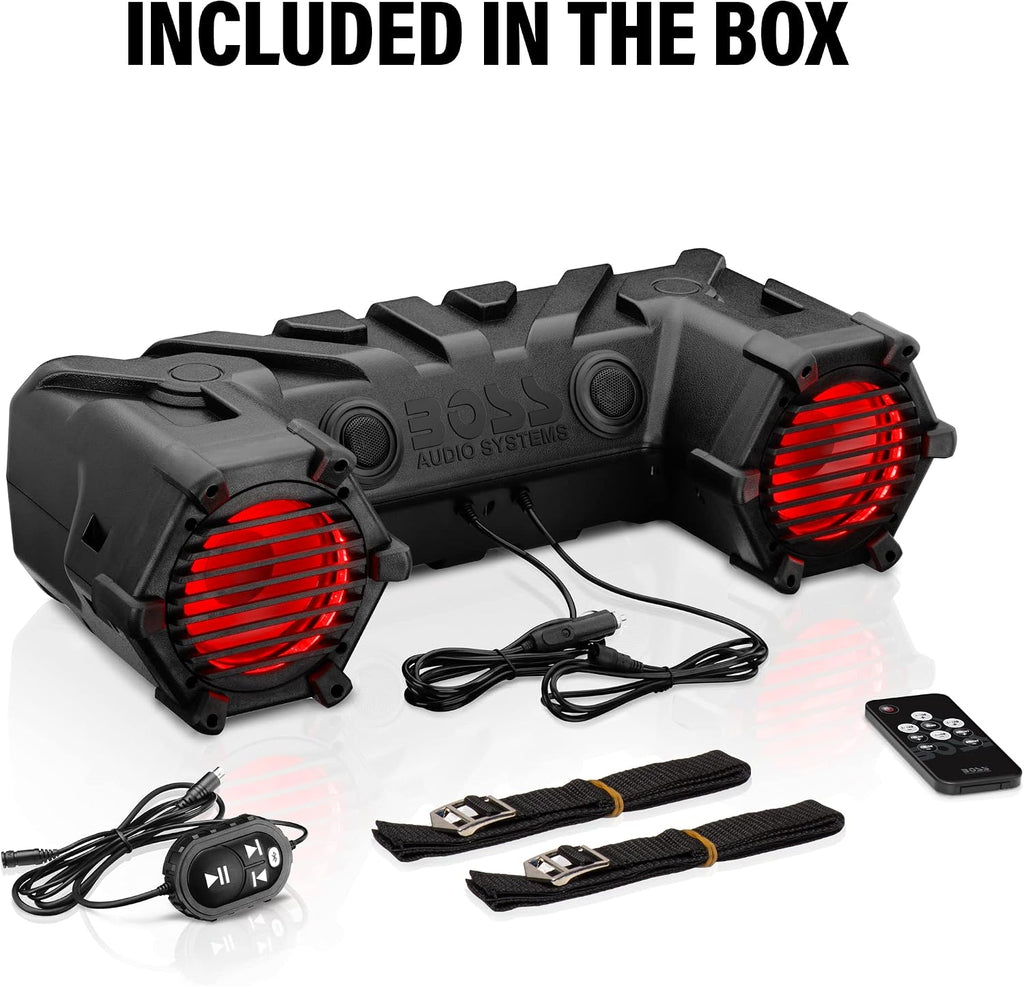 BOSS Audio Systems ATV95LRGB ATV UTV Weatherproof Sound System - 8 Inch Speakers, 1.5 Inch Tweeters, Amplified, Bluetooth Remote, LED Light Bar, Storage Compartment, Easy Installation for 12V Vehicles