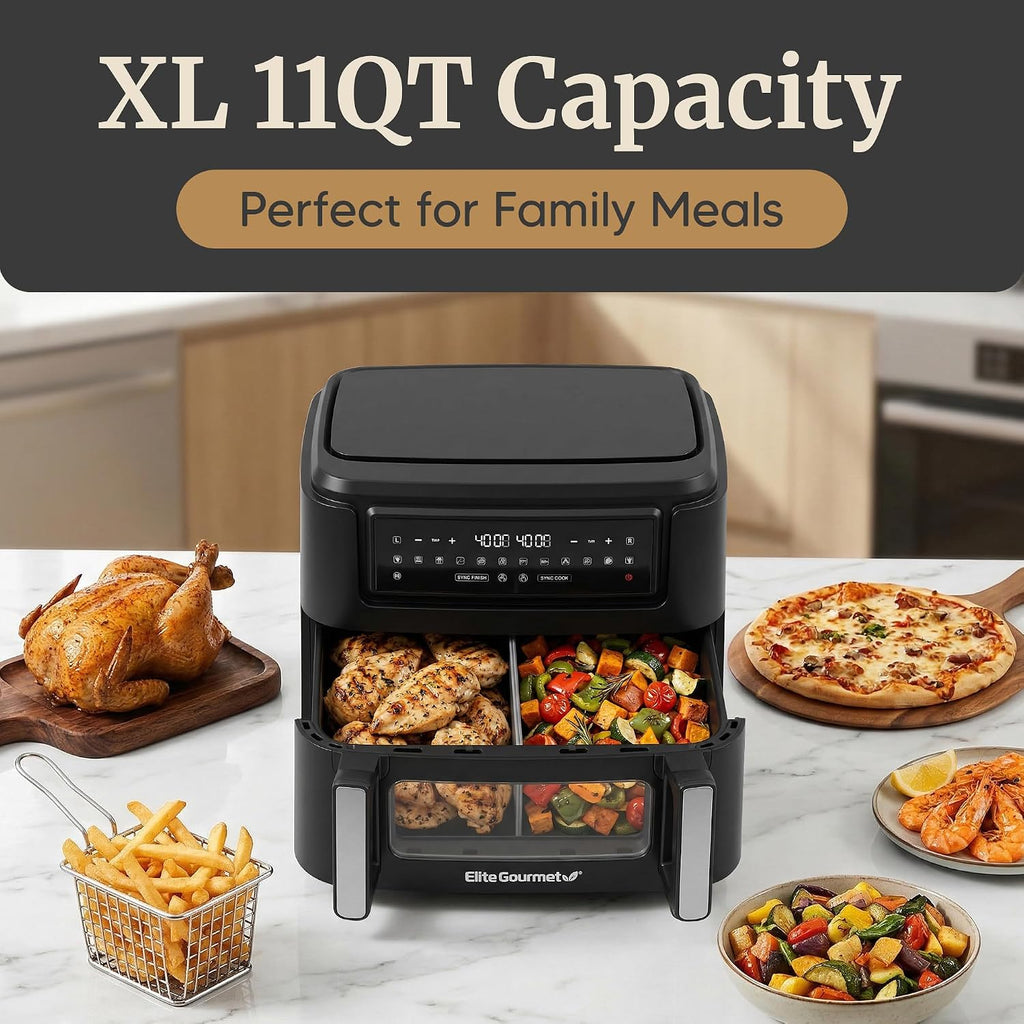 Elite Gourmet Dual Zone Air Fryer Oven 11QT, Dual Basket Air Fryer with Divider, Sync Finish & Sync Cook, PFAS Free Nonstick, 10 Presets, Air Fry Bake Roast Broil Toast Dehydrate, 1600W Black