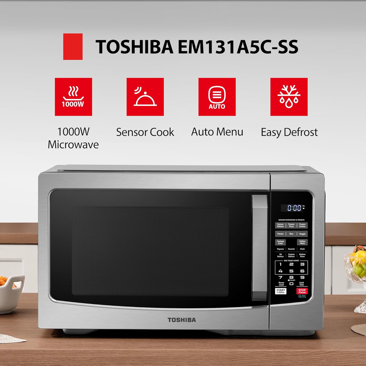 TOSHIBA EM131A5C-SS Countertop Microwave Ovens 1.2 Cu Ft with 12.4' Removable Turntable Smart Humidity Sensor, 12 Auto Menus Mute Function ECO Mode Easy Clean Interior, 1000W, Silver