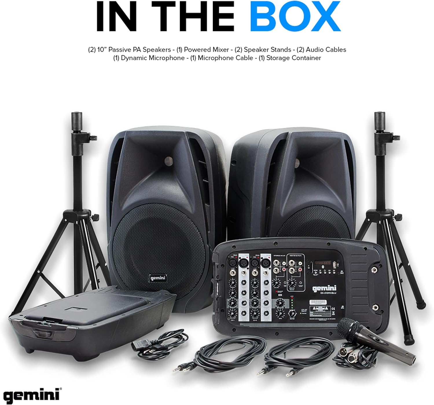 Gemini Portable PA System Bundle with Stands – 6-Channel Powered Mixer, Dual 10' Speakers, Wired Mic & Cables – Bluetooth Music Streaming for DJs, Karaoke & Small Events (ES-210MXBLU-ST)