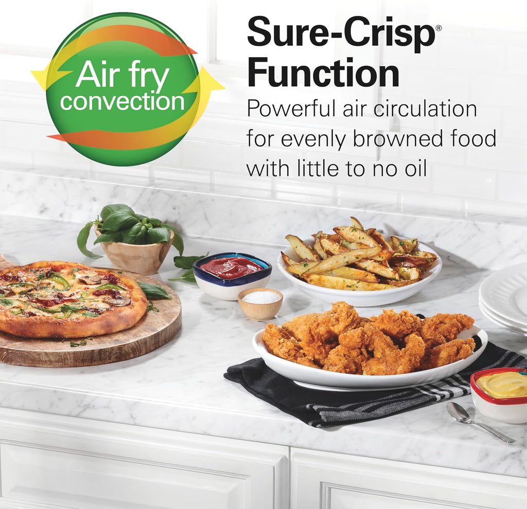 Hamilton Beach Sure-Crisp Toaster Oven Air Fryer Combo, Fits 9' Pizza, 4 Slice Capacity & 2-Way 12 Cup Programmable Drip Coffee Maker & Single Serve Machine, Glass Carafe