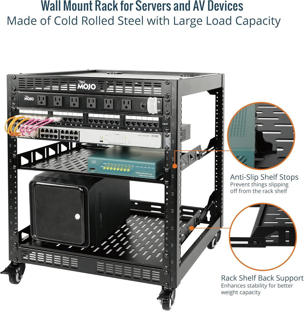 TECMOJO 12U Open Frame Network Rack for IT & AV Gear, 4-Post With Casters, Mobile With 2 PCS 1U Server Shelf & Mounting Hardware, for 19' Network, Audio and Video Device