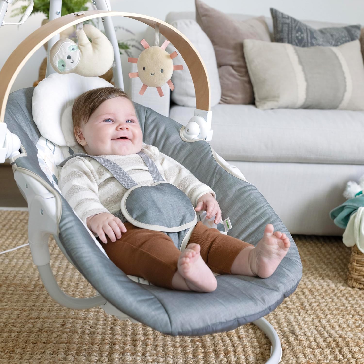 Ingenuity SimpleComfort Compact Baby Swing, Rotating Seat Swings in 3 Directions, 6 Speeds, 8 Melodies & 3 Nature Sounds, Ages 0-9 Months, Up to 20 Pounds - Parker