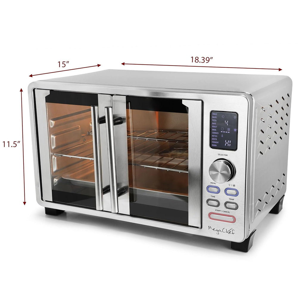 MegaChef 25 Liter Digital Electric French Door Multi-Function Counter Top Oven with Rotisserie Set & Toast, Bagel, Pizza, Bake, Roast, Broil, Cookies, Rotisserie, Dehydrate, Ferment, Warm Functions