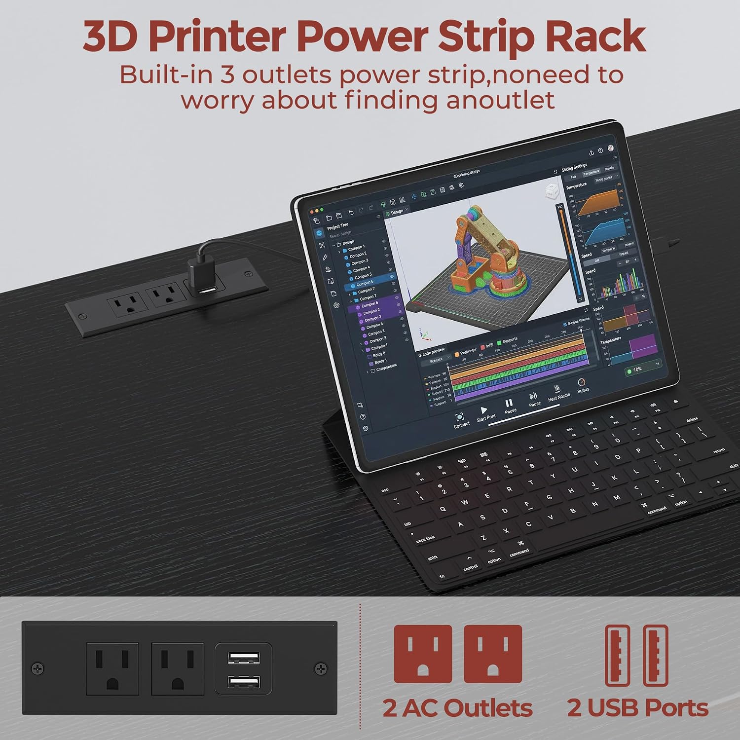 3D Printer Stand with Filament Storage – Heavy Duty Metal 3D Printer Table with Drawer and Power Hub for Workshop, Studio, and Office