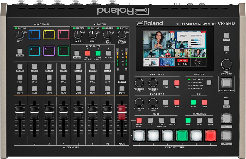 Roland VR-6HD | Ultra-compact Audio/Video Mixer with Direct Streaming Encoders | Ideal for Livestreaming | Extensive A/V Connectivity | 4.3' Touch Screen Multi-Viewer Display | Advanced Editing Tools