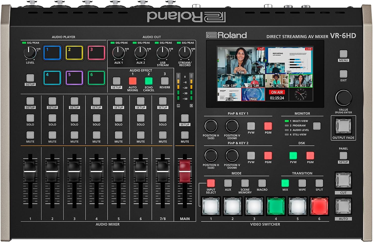 Roland VR-6HD | Ultra-compact Audio/Video Mixer with Direct Streaming Encoders | Ideal for Livestreaming | Extensive A/V Connectivity | 4.3' Touch Screen Multi-Viewer Display | Advanced Editing Tools