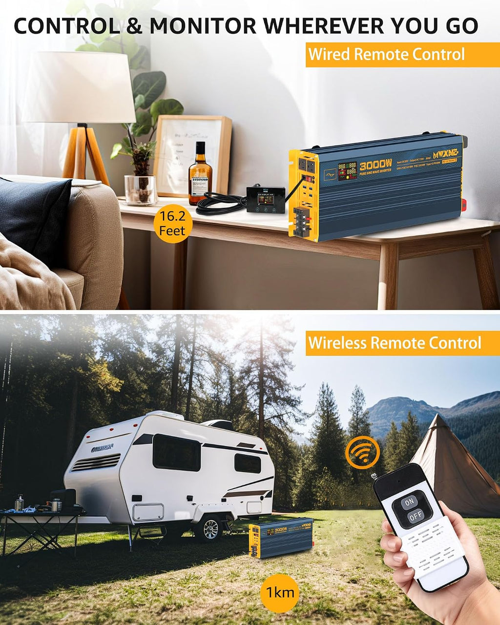 3000W Pure Sine Wave Power Inverter DC 24V to 110V 120V AC with 4 Quick Charging USB Ports& Dual AC Outlets Power Inverters for Vehicles RV Truck Home with LCD Display and Remote Controller