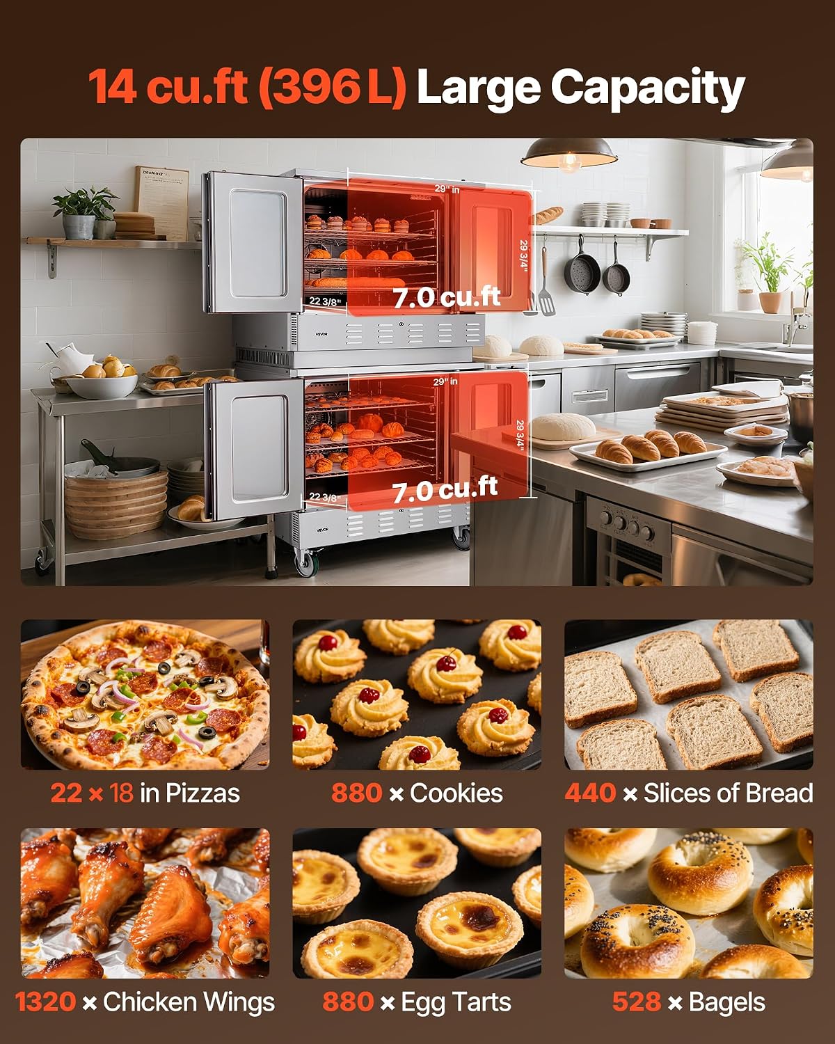 VEVOR Double Deck Gas Convection Oven, 14 cu.ft Full-Size Commercial Convection Oven, 40,000 BTU x 2 Powerful Burners, Natural Gas Commercial Ovens with Two Fan Modes, for Bakery, Restaurant & Kitchen