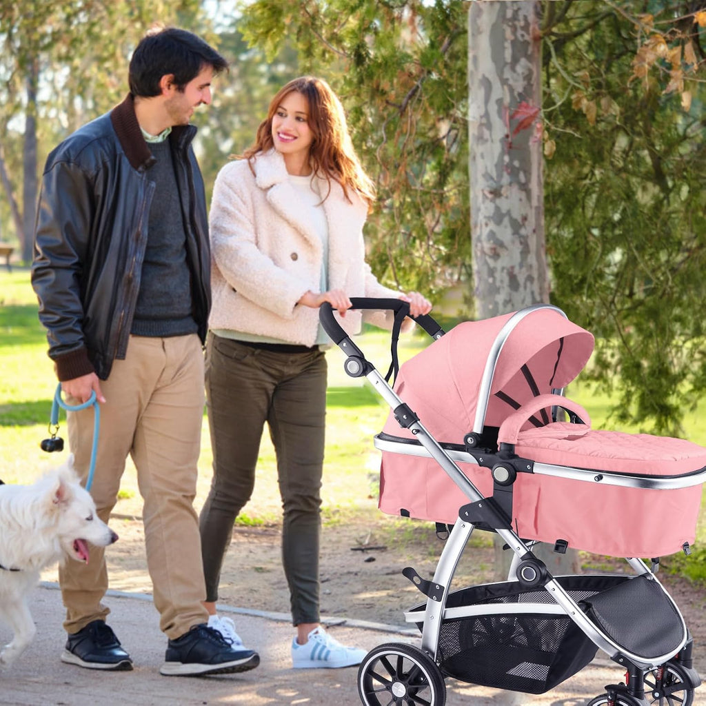 Hagaday Baby Stroller, 2-in-1 Reversible Toddler Seat with Bassinet Mode, Foldable Infant Stroller with Canopy, One Button Brake, Adjustable Handle, Newborn Pushchair(Pink)