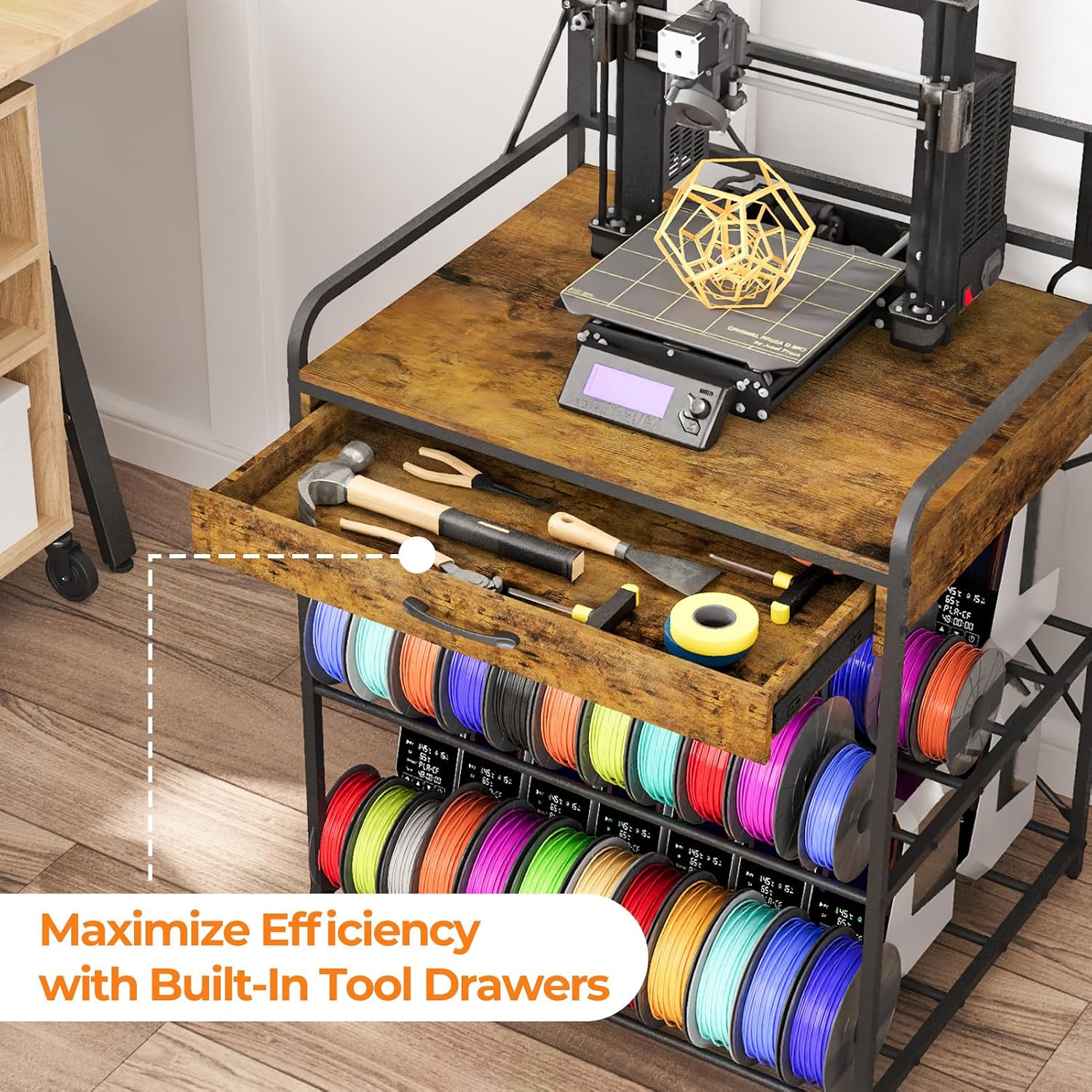 3D Printer Stand with Power Hub and Top Storage Shelf – Heavy Duty X-Bracket Stability, 3-Tier Storage & Tool Organizer for Workshop and Office